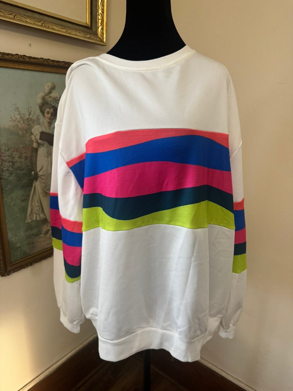 Oversized Neon Stripe Sweatshirt White Pink Blue Lime XL Retro Y2K